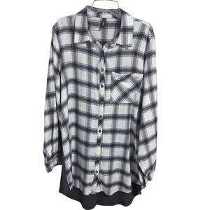 Massini Women’s Gray White Button Down Flannel Waffle Knit Back Size 1X